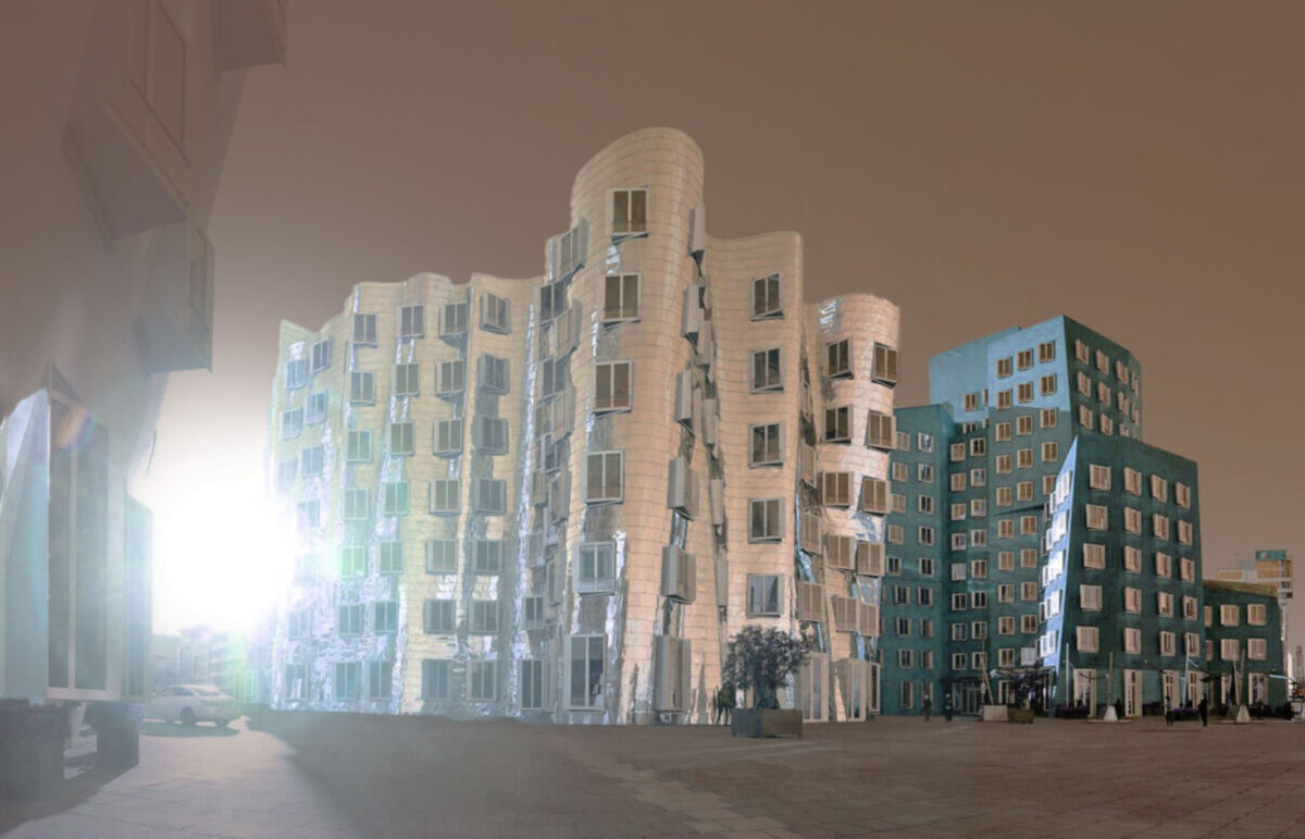 Mittleres Frank Gehry Gebäude im Düsseldorfer Medienhafen